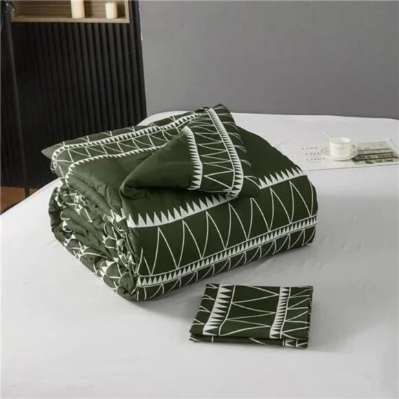 Olive Green Comforter Set King (104"×90"),Reversible Green Boho Triangle Pattern - Picture 7 of 8